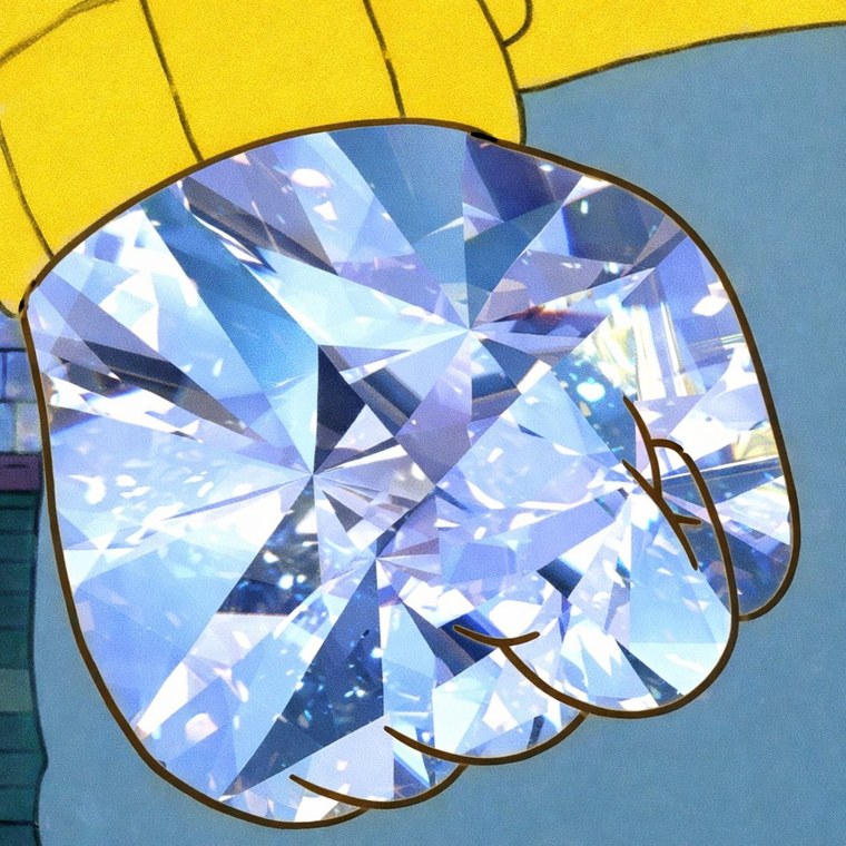 The original diamond hands meme: a yellow cartoon fist made of diamond